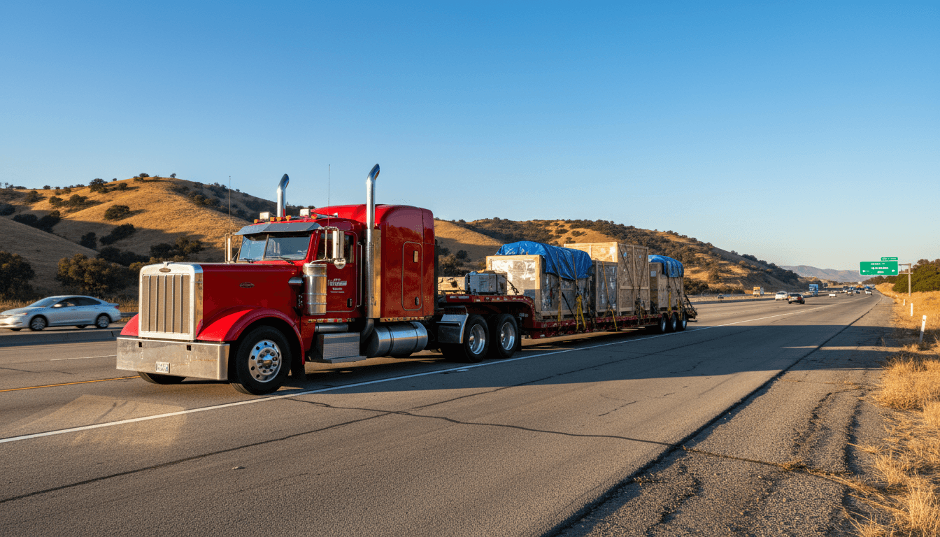 A wide shot of a flatbed semi-truck loaded with secured cargo, parked on a California highway shoulder under a clear sky.