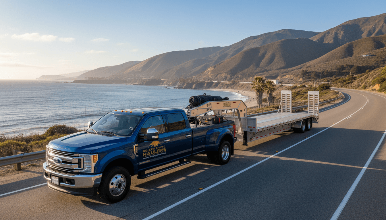 A wide shot of a flatbed semi-truck loaded with secured cargo, parked on a California highway shoulder under a clear sky.