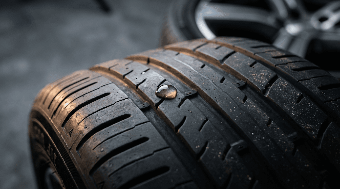 Close-up of a truck wheel and mudguard on a concrete lot