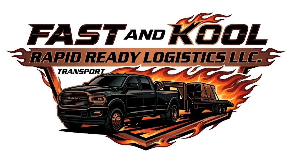 Fast and Kool Rapid Ready Logistics logo with black truck towing cargo and orange flames.